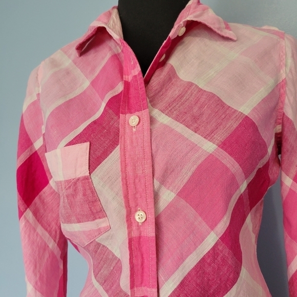 Moda International 100% Linen Plaid Shirt Pink Dress Size 2 - Picture 4 of 7